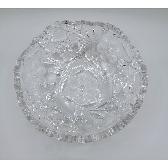 Crystal Serving Fruit Bowl Sawtooth Edge Flowers Hexagons Leaves Pressed Glass - Picture 2 of 8